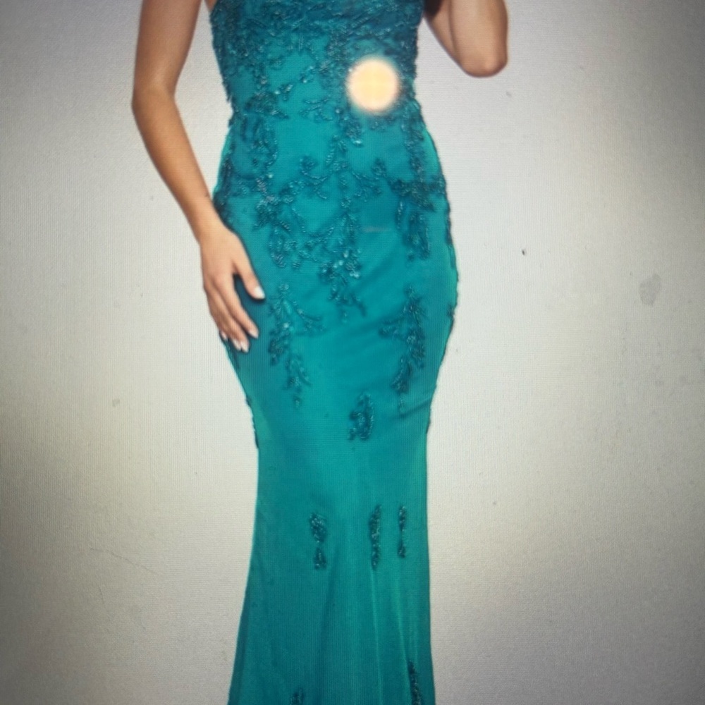 Faviana peacock tulle beaded appliqué Prom Dress